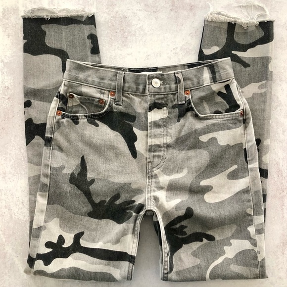 RE/DONE High Rise Ankle Crop Stretch Fray Hem Grey Camo Jeans 25 - Picture 4 of 12
